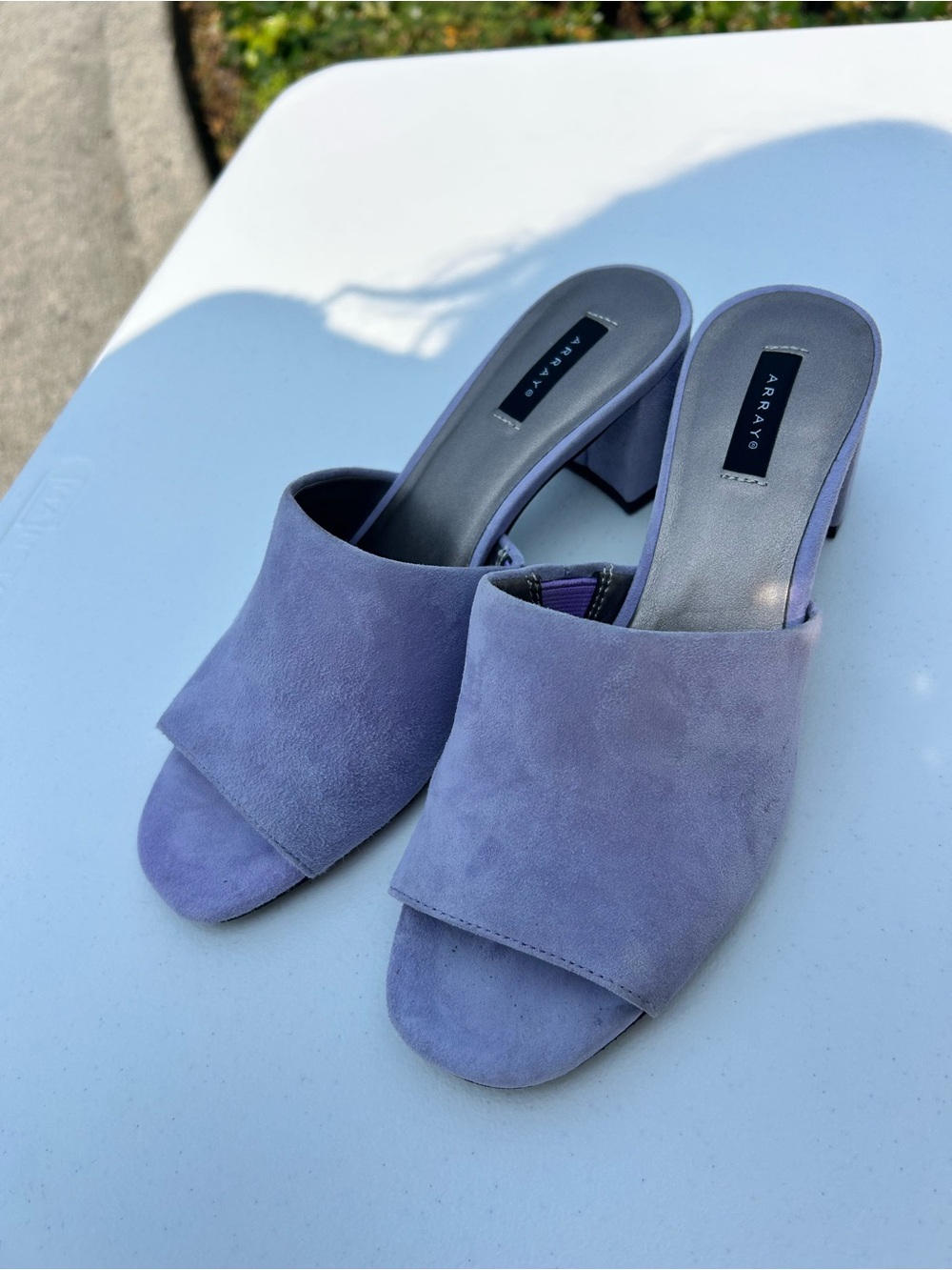 Array Lavender Suede Open-Toe Block Heel Mules new